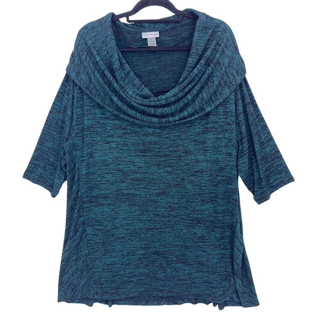 Catherines Teal Space Dye Cowl Neck Top 2X 22/24W Elbow Sleeve Knit Tunic